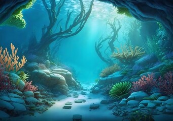 Colorful bright cartoon sea floor with algae corals and stones with azure water in a watercolor style.AI generated.