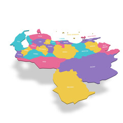 Venezuela political map of administrative divisions - states, capital district and federal dependencies. 3D colorful vector map with name labels.