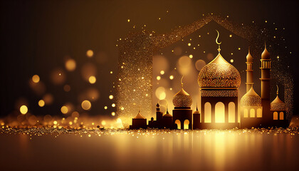 Realistic ramadan background with mosque moon stars lantern and bokeh. Generative AI. - obrazy, fototapety, plakaty