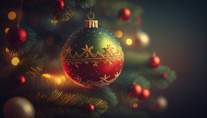 Realistic christmas green tree with gold and red christmas ball. Generative AI