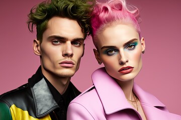 Two fashion models wearing colourful hairstyle posing in pink studio background. Generative AI illustration.