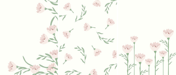 A combo of bright posters with pastel flowers and green leaves. Postcards Spring flowering. Ideal for banners, cards, posters. Vector illustration.