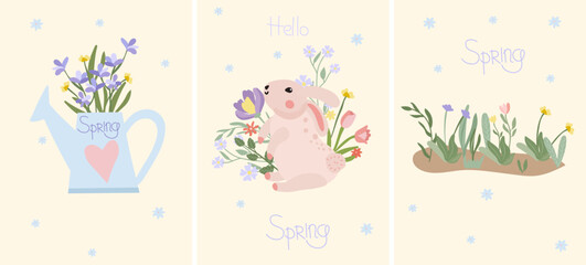 A combo of bright spring compositions with flowers in a garden watering can, a cute bunny and spring flowers. Ideal for banners, cards, posters, stickers. Vector illustration.