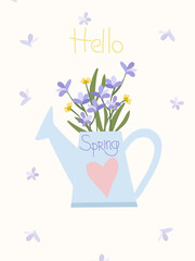 Blooming spring flowers and leaves in a watering can. Postcard Spring flowering. Ideal for banners, cards, posters, stickers. Vector illustration.