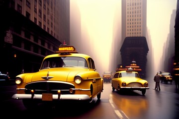 Vintage city cabs in the fog created with Generative AI technology