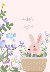 Happy Easter greeting card. Vector illustration with a rabbit sitting in a basket, spring flowers, a bird. Bright compositions for posters, banners, cards, Easter, spring holidays