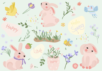Spring composition with a cute rabbit, chickens, a bouquet of flowers, a bird, green leaves on the inscription spring. Bright compositions for posters, banners, cards, Easter, spring holidays. Vector