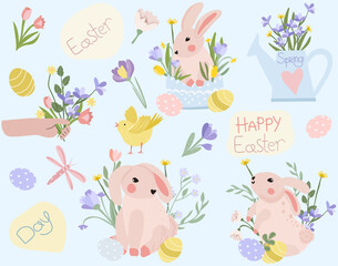 Happy Easter greeting card. Vector illustration with rabbit, spring bouquet, Easter eggs, chickens. Bright compositions for posters, banners, cards, Easter, spring holidays. Vector graphic