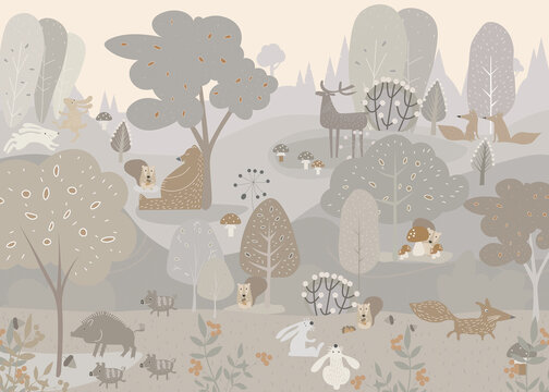 Composition with forest animals and natural elements. Deer, fox, bear, green trees, pine, fir, flowers and mountains. Woodland creatures in the wild. Illustration for nursery, wallpaper