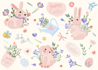 Happy Easter greeting card. Vector illustration with rabbit, spring bouquet, Easter eggs, bee. Bright compositions for posters, banners, cards, Easter, spring holidays. Vector graphic