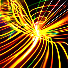 Obraz premium Bright neon tunnel. Background on the theme of high speeds and acceleration. The slide template is about high technologies and innovations.