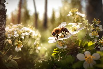 Honey bee collecting bee pollen from white flower blossom in sunlight, Bee collecting honey, ai generated. - obrazy, fototapety, plakaty