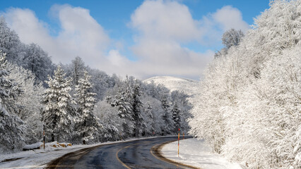 Mountain road landscape covered in snow in winter - 568791920