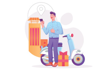 Delivery concept with people scene. Happy man receives package with gift from courier on bike and tracking location on mobile phone. Vector illustration with character in modern flat design for web
