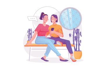 People use gadgets concept with people scene. Happy women talking in meeting, discussing and watching digital content in mobile phone. Vector illustration with character in modern flat design for web