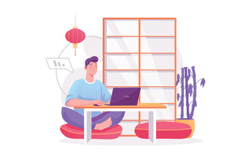 Work from home concept with people scene. Happy man doing tasks remotely on laptop, chatting online with colleagues from home office. Vector illustration with character in modern flat design for web