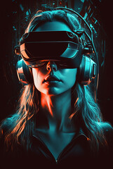 Young woman wearing a VR headset background cyber.
