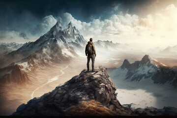 Naklejka na ściany i meble Man Reaching the Summit, man on top of a mountain. Ai generated