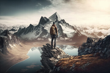 Man Reaching the Summit, man on top of a mountain. Ai generated