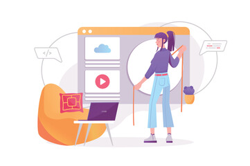 Web design concept with people scene. Woman developer creates layout of site, places elements and content, works with page code. Vector illustration with character in modern flat design for web