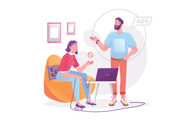 404 error concept with people scene. Upset woman holding laptop cable with internet disconnected problem, man can't fixing connection. Vector illustration with character in modern flat design for web