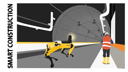 A concept illustration of smart construction - A construction robot is entering the tunnel with a worker
