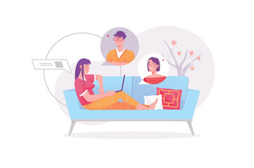 Video conference concept with people scene. Woman communicates in group chat with friends. Colleagues discussing at online meeting. Vector illustration with character in modern flat design for web