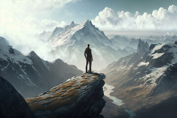 Man Reaching the Summit, man on top of a mountain. Ai generated