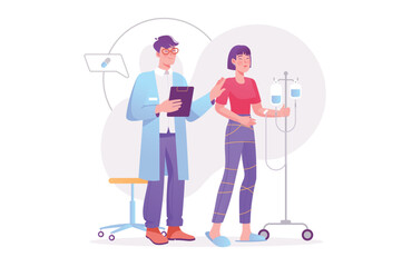 Medicine concept with people scene. Doctor treats patient and helps ill woman with dropper stand in hospital ward in medical clinic. Vector illustration with character in modern flat design for web