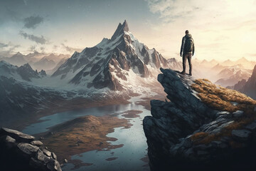 Fototapeta premium Man Reaching the Summit, man on top of a mountain. Ai generated