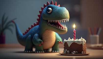 Dinosaure qui souffle sur la bougie de son gâteau d'anniversaire (AI)
