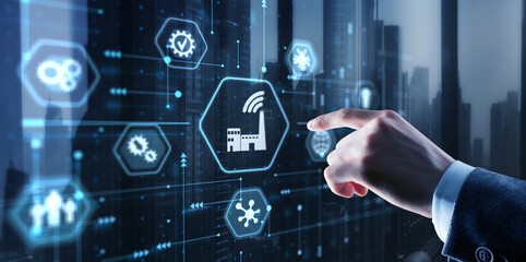 Businessman presses a button Smart home Automation Control System