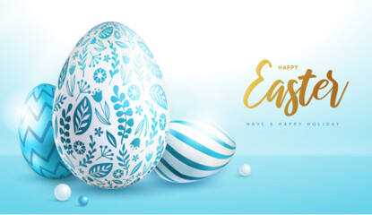 Happy Easter holiday background with easter eggs and floral ornament. Greeting card or poster. Vector illustration