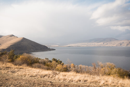 Landscape with Sevan lake from Sevanavank monastery in autumn, Armenia