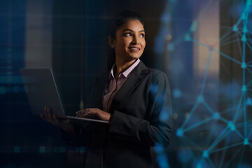 Digitally enhanced shot of a  technician/businesswoman working with virtual reality projection