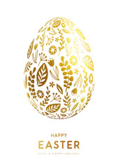 Easter egg with gold floral ornament on white background. Happy Easter holiday background. Greeting card or poster. Vector illustration