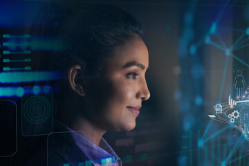 Digitally enhanced shot of a  technician/businesswoman working with virtual reality projection