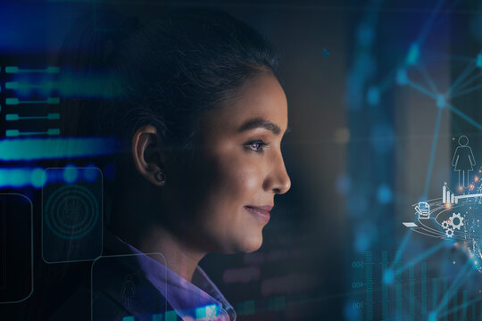 Digitally enhanced shot of a  technician/businesswoman working with virtual reality projection