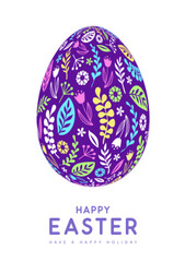 Easter egg silhouette with colorful floral ornament on white background. Happy Easter holiday background. Greeting card or poster. Vector illustration