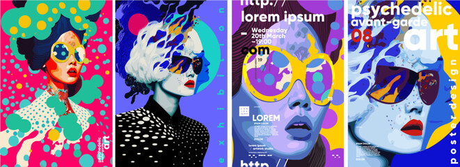 Psychedelic, avant-garde art. Set of vector illustrations. Colorful painting with strokes of paint splashes. Bright background for a poster, media banner, t-shirt print. - obrazy, fototapety, plakaty