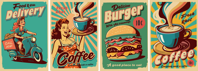 Vintage posters of the 50s, 60s. Fast food, coffee, burger, delivery. Set of vector postcards. - obrazy, fototapety, plakaty
