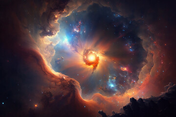 Fototapeta premium A breathtaking illustration of a space nebula surrounded by galactic dust. Ai generated