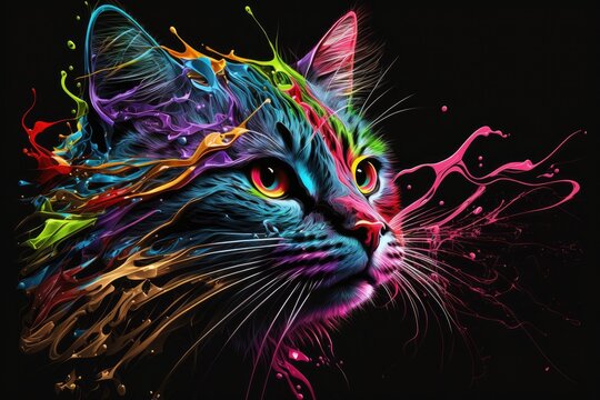 Abstract neon art background, wallpaper, t-shirt pattern paint splash cat