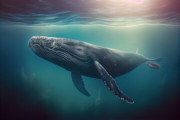 Obraz na płótnie Canvas A beautiful Humpback whale is swimming in the ocean. A whale in its native element. Generative AI