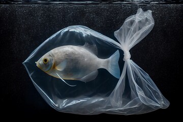 A fish in a plastic bag . The concept of pollution in the ocean. The concept of fighting for a clean ocean. Generative AI