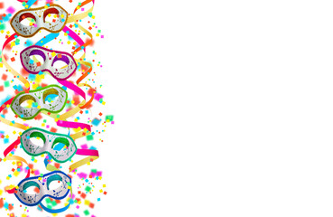 Festive overlay. Colorful explosion of confetti and curly paper ribbons with colored carnival mask. Multicolored party decorations. White background.