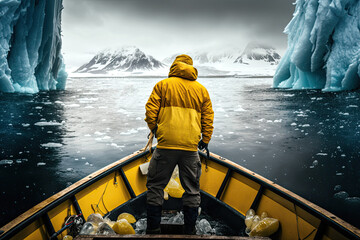 Generative AI Illustration of a fisherman from behind in the arctic inside the boat sailing among icebergs dressed in yellow waterprof clothing - obrazy, fototapety, plakaty