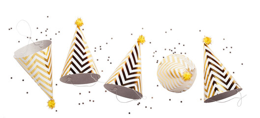 Striped golden cones hats and confetti on transparent background. Birthday holiday party concept - obrazy, fototapety, plakaty