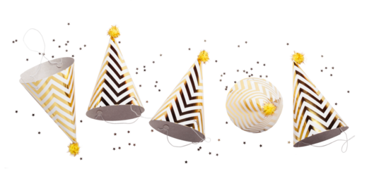 Striped golden cones hats and confetti on transparent background. Birthday holiday party concept