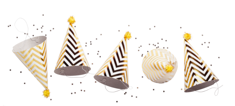 Striped golden cones hats and confetti on transparent background. Birthday holiday party concept